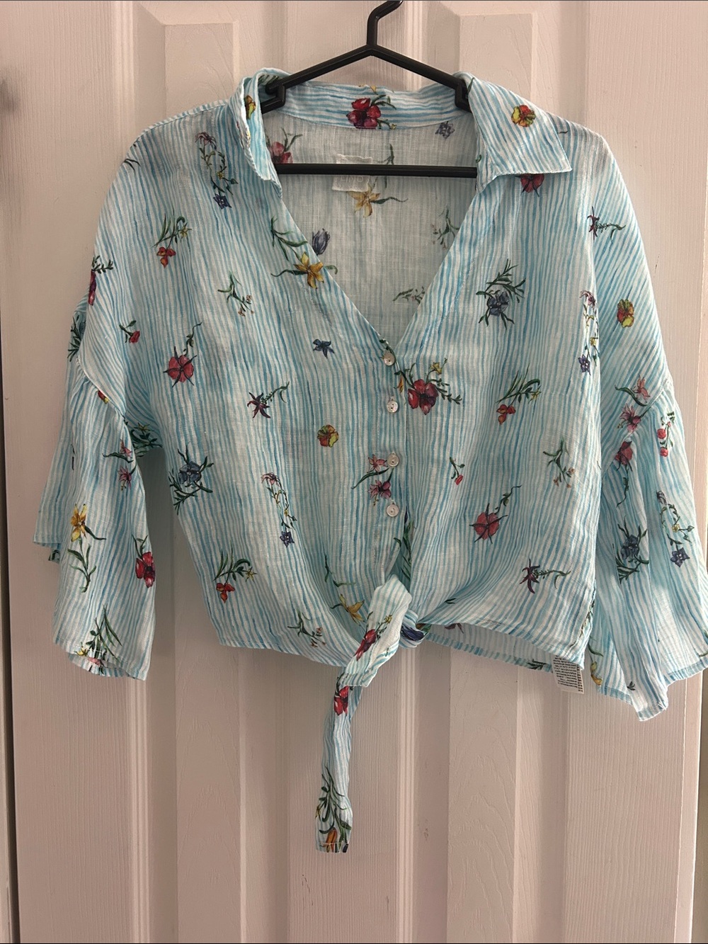 120 LINO% BLUE FLORAL TROPICAL BEACH TIE FRONT SHIRT SIZE 42 NWOT